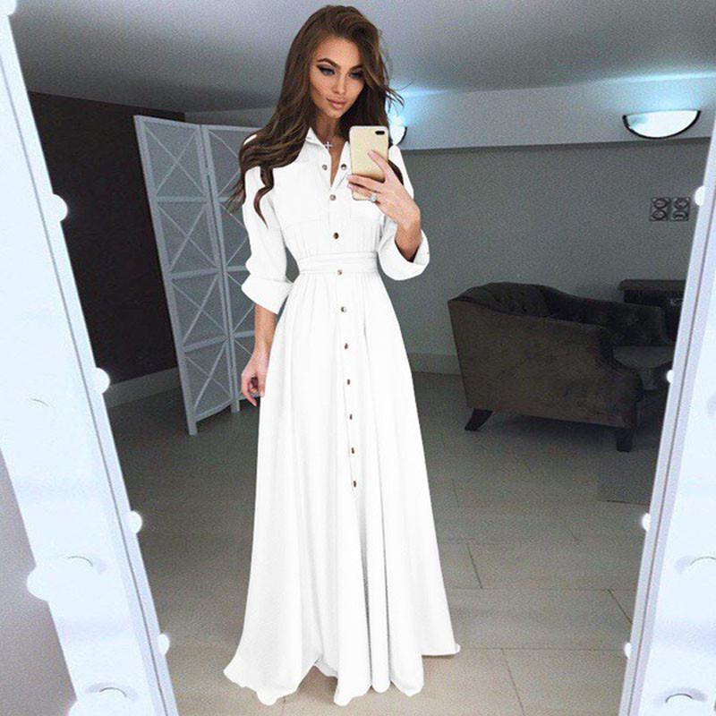 Sleeve Women Long Button Dowm Maxi Dress Evening Party Casual Shirt Dress