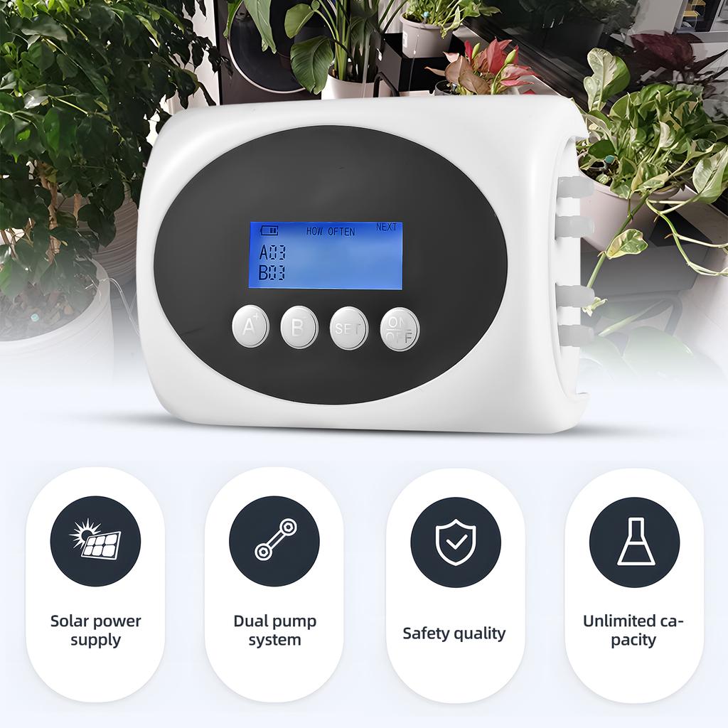 Dispositivo di Irrigazione Automatica Solare 3W Doppia Pompa Irrigatore Temporizzato per 15 Vasi Display LCD USB/Solare