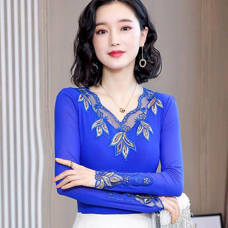 Top elegant cu mâneci lungi din dantelă pentru femei, primăvară-toamnă, croială slim fit, bluză transparentă din plasă, modă, lenjerie de corp