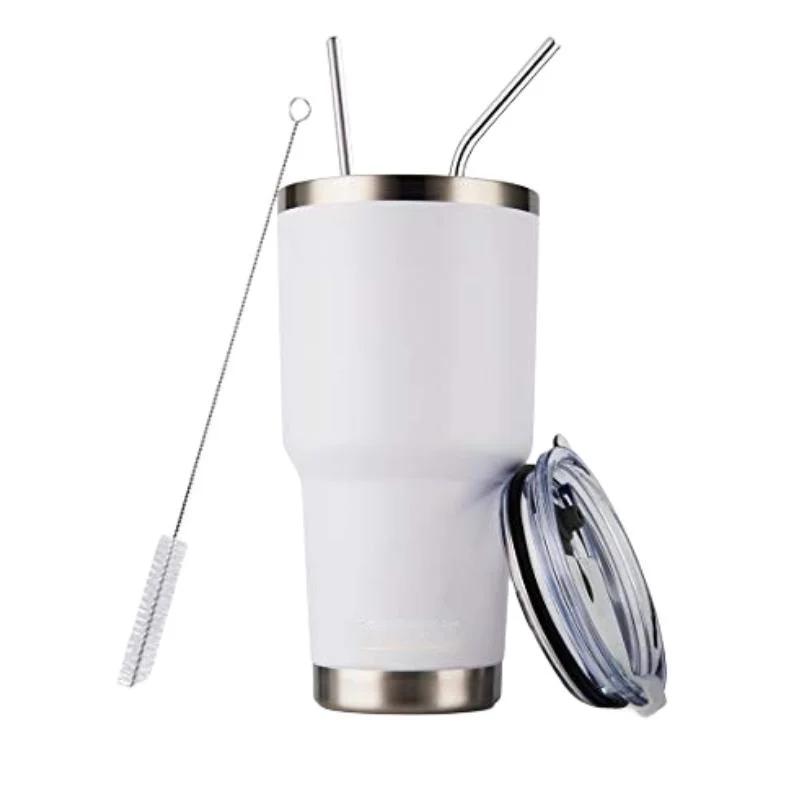 Gobelet 30 oz Double paroi Acier inoxydable Isolé sous vide Mug de voyage avec couvercle anti-éclaboussures Paille en métal et brosse