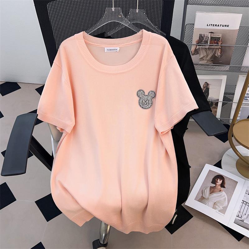 

Plus Size Women s Slimming Ice Silk Knit Top - Short Sleeve Summer T-shirt 4XL розовый