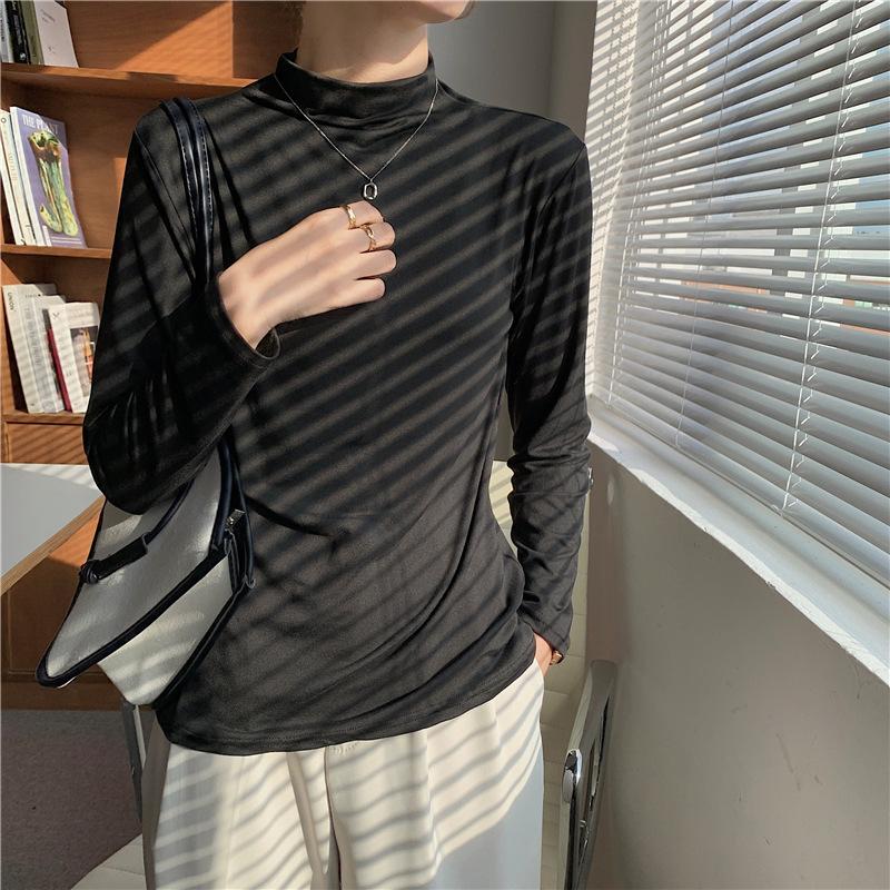 

Осенний однотонный облегающий базовый топ для девочек, теплый с длинными рукавами и полувысоким воротником ONE SIZE чёрный