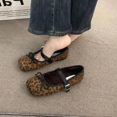Moda Novo DesignSapatos Baixos Femininos Biqueira Redonda Sapatos com Estampa de Leopardo Casual Respirável Slip-on Sapatos Baixos para Exteriores Femininos Mary Jane
