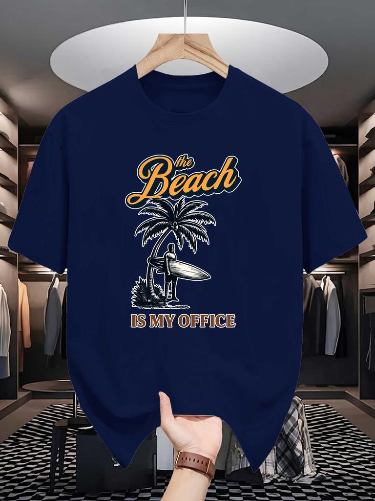 Unisex Crew Neck Tee Beach Surfer Palm Tree Vintage Letter Print Soft Cotton Loose Short Sleeve Summer Casual Male Streetwear Tops
