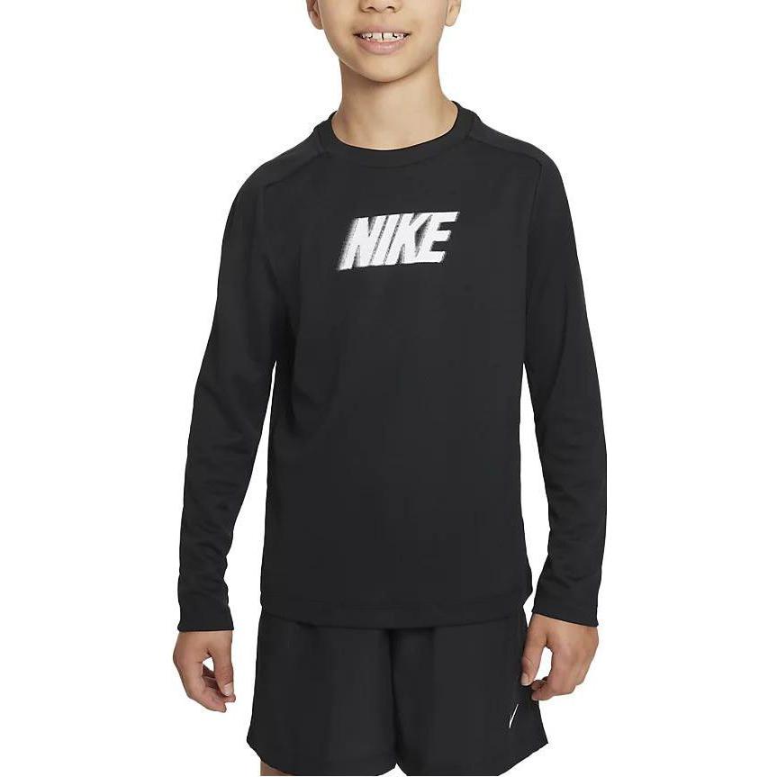 Nike Einfarbiges T-Shirt mit Buchstabenaufdruck, Rundhalsausschnitt, langen Ärmeln, Kinder-Oberteil, Schwarz FD3925-010
