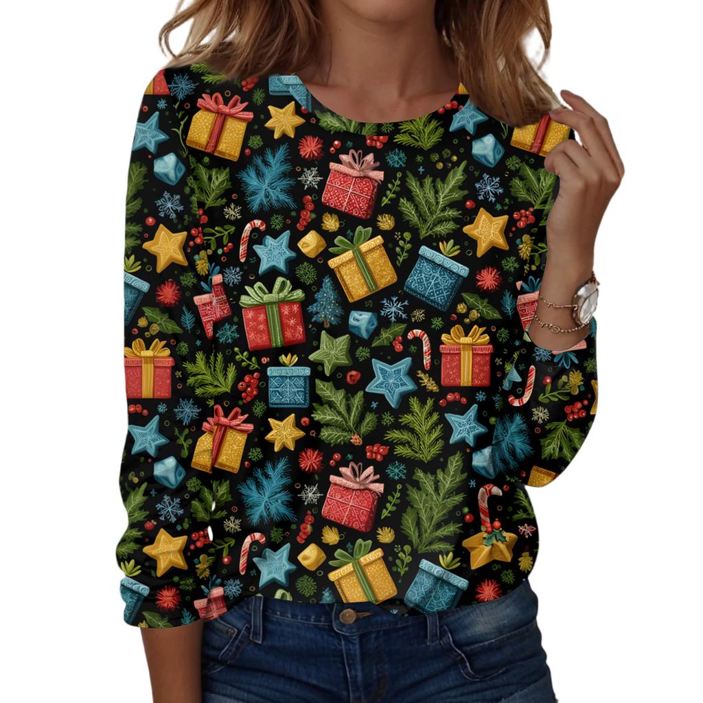 Women's Fashion Casual H Printed V-Neck Long Sleeve Decorative Button T-Shirt Tops