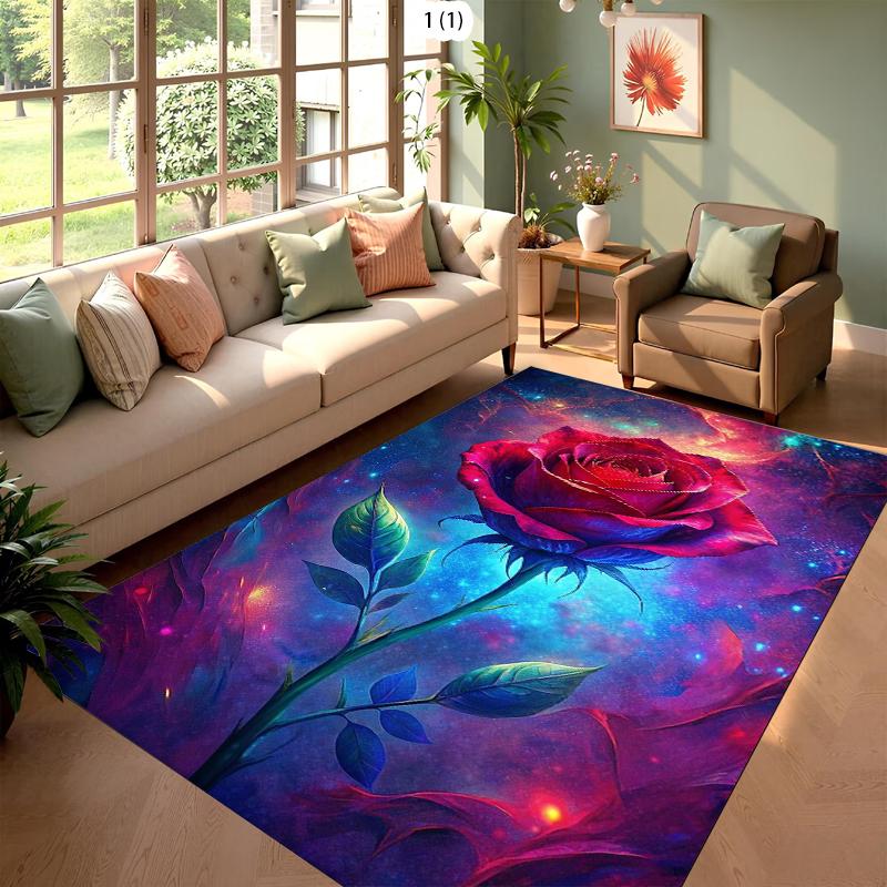 Magical Galaxy Red Rose Area Rug Fantasy Floral Starry Sky Soft Non-Slip Carpet Romantic Living Room Rug for Bedroom Girls Room