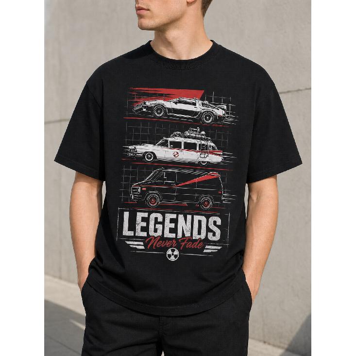 Men's Black Short Sleeve Crew Neck T-Shirt with Retro Movie Car Graphic Print, Soft Cotton Feel, Legends Never Fade Design for Casual Daily Wear