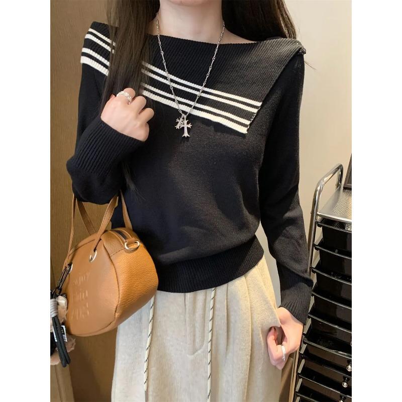 French High-end Slant Collar Off-shoulder Contrast Striped Sweater for Women Loose Slim and Versatile Long-sleeved S чёрный