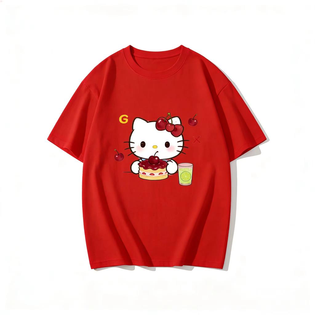 Summer Hello Kitty Cartoon Printed Short Sleeve Pure Cotton Tshirt Womens Family Matching Outfits Classic Fashion Tee Top