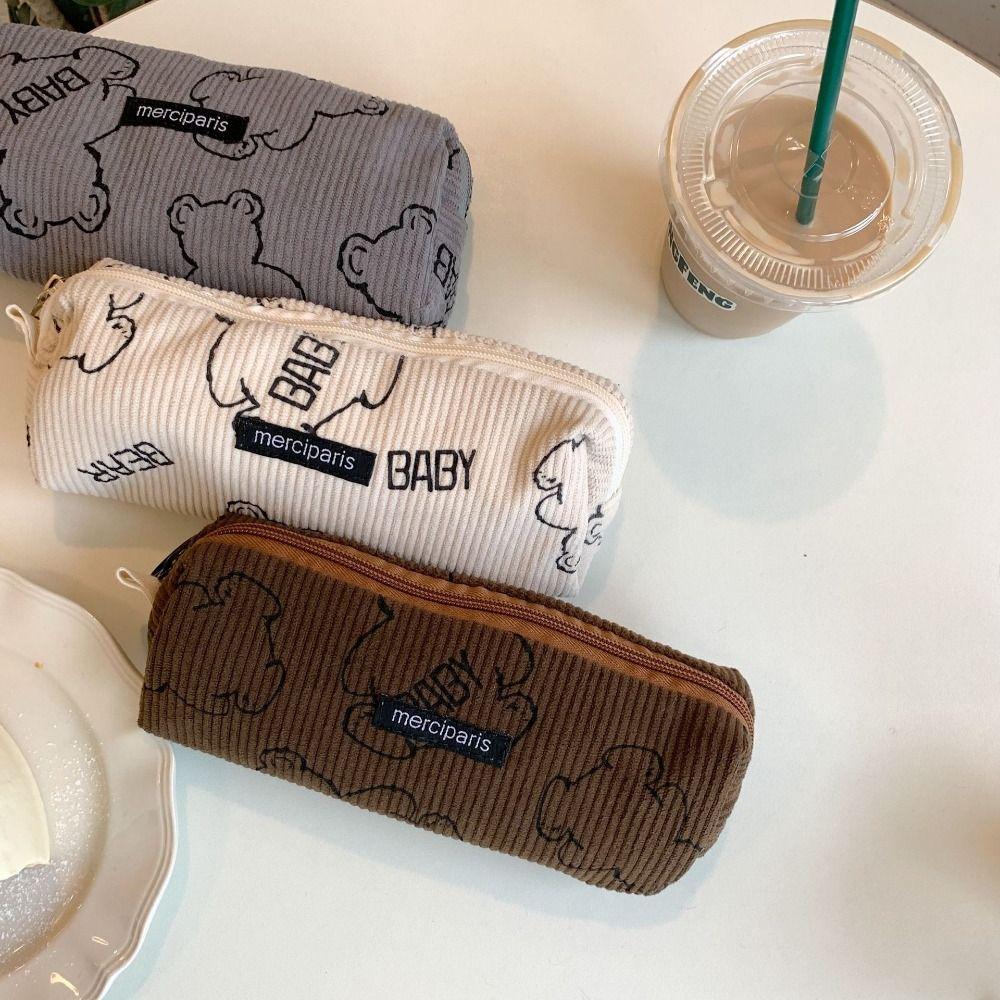 

Corduroy Pen Bag Bear Print Pen Box Cute Stationery Pouch School Office Supplies