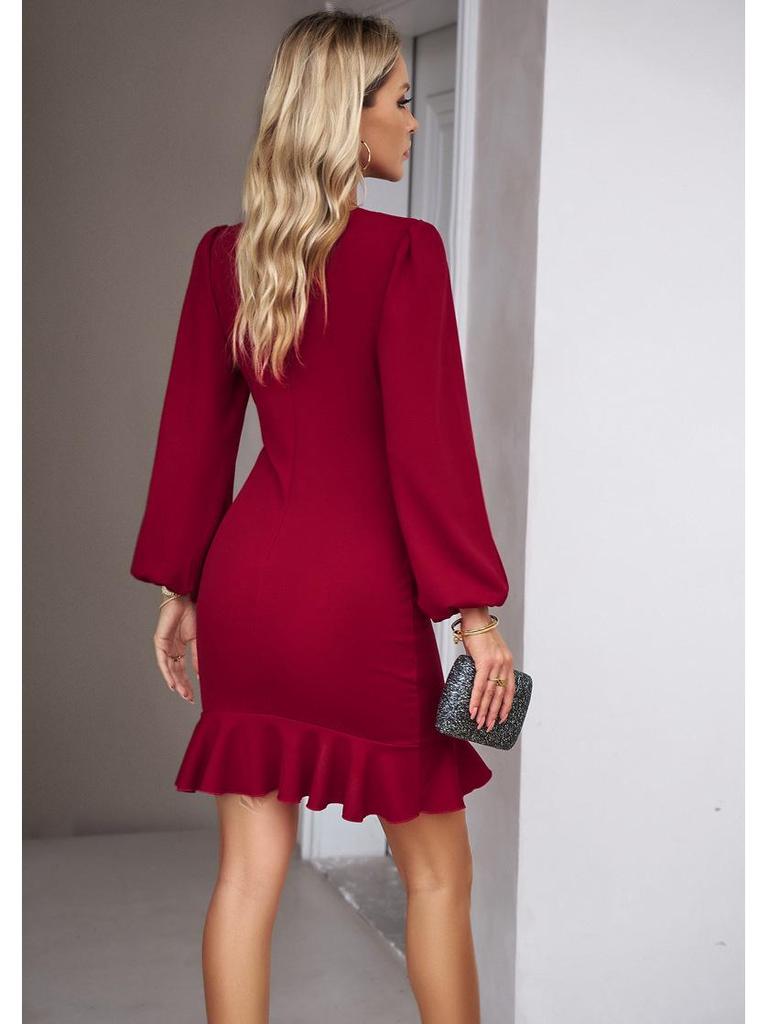 Spring/Summer 2026 Puff Sleeve Solid Color Bodycon Sheath Dress for Women