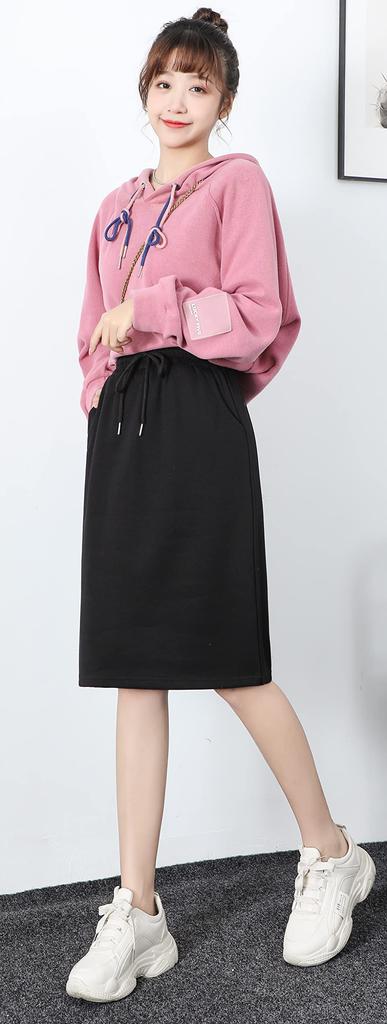 Syvent Sweat Elastic Plus Size Women's Knee-Length Skirt, Casual, Waist, Slit, A-Line, Plain,