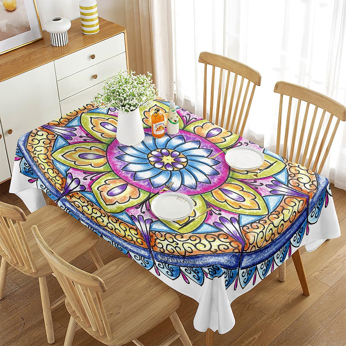 Tafelkleed Tribale Mandala Tibetaans Motief met Bloemen Geometrische Kunst Eetkamer Keuken Rechthoekig Tafelkleed Blauw Groen Zwart 90x150cm
