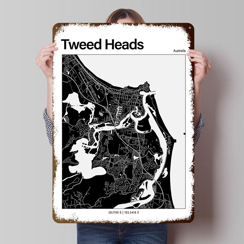 Tweed Heads Black and White Map Printing Poster Customized Retro Wall Art Vintage Metal Signs for Room Decoration Bedroom House