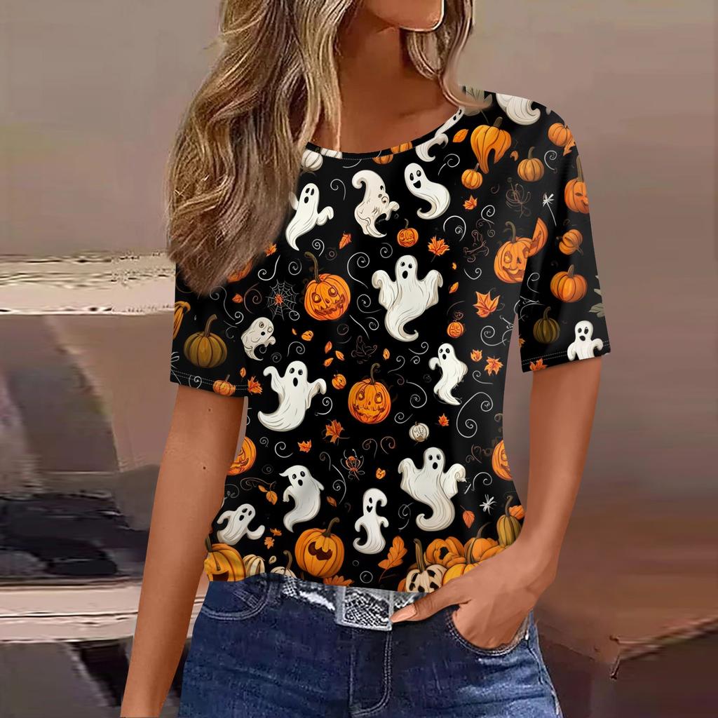 Women's Casual Short Sleeve Pullover Top Halloween Pumpkin Ghost Bat Print Round Neck Loose Fit Shirt for Autumn