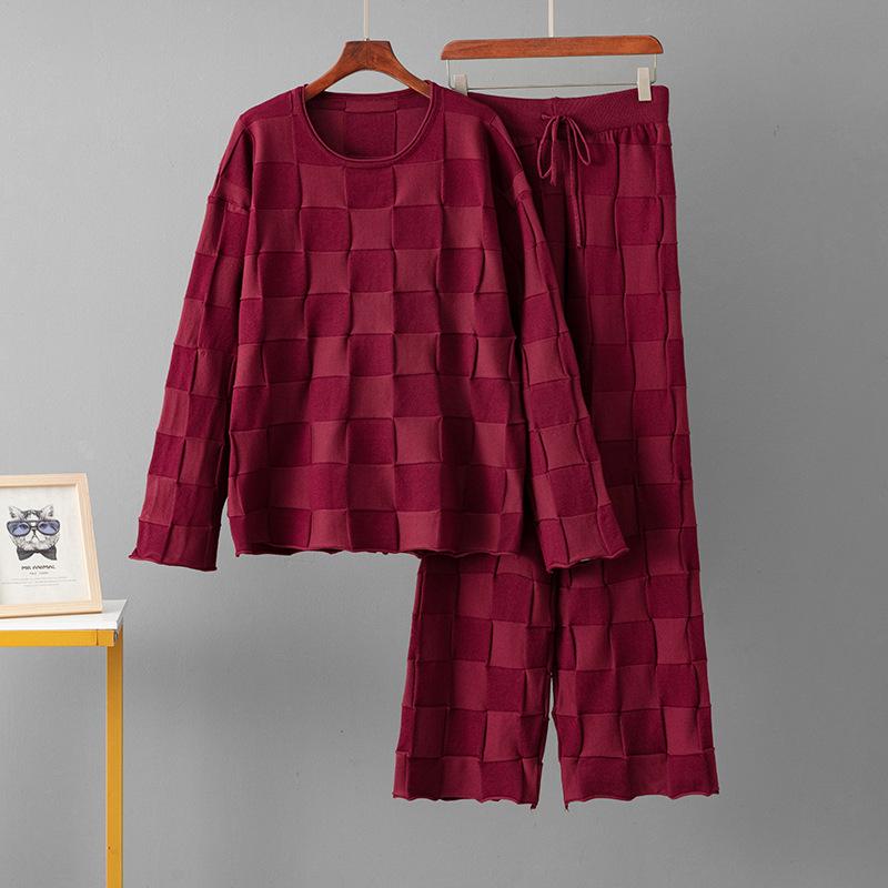 Wool Suit Autumn Checkered Crew Neck Top + Casual Sports Wide-leg Pants Two-piece Set for Women