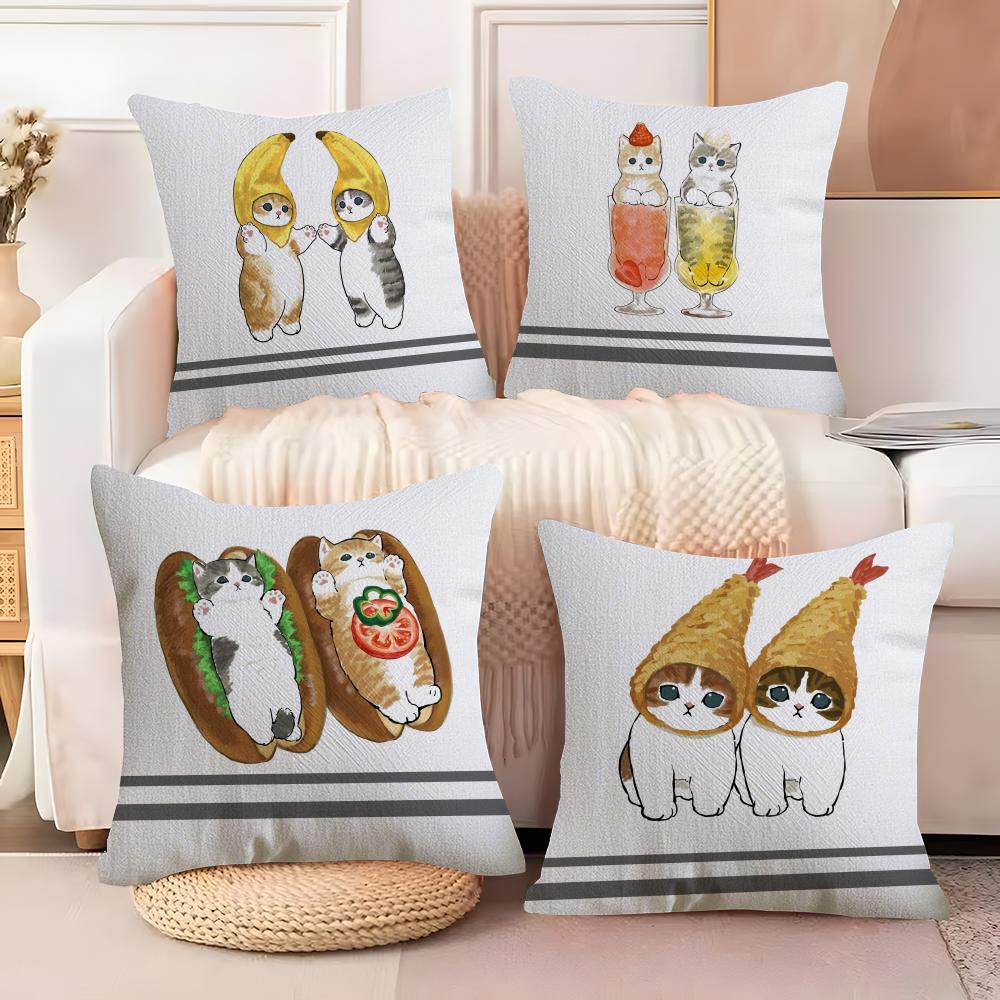 Cute Cat Cartoon Animal Cushion Cover Natural Linen Organic Fabric DoubleSided Printing Sofa Home Decor Breathable Bed Pillow