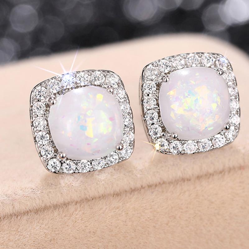 New Design Geometric Shaped Round Opal Silver/Rose Gold Plated Earrings for Fashion Party CZ Stud Earring for Women