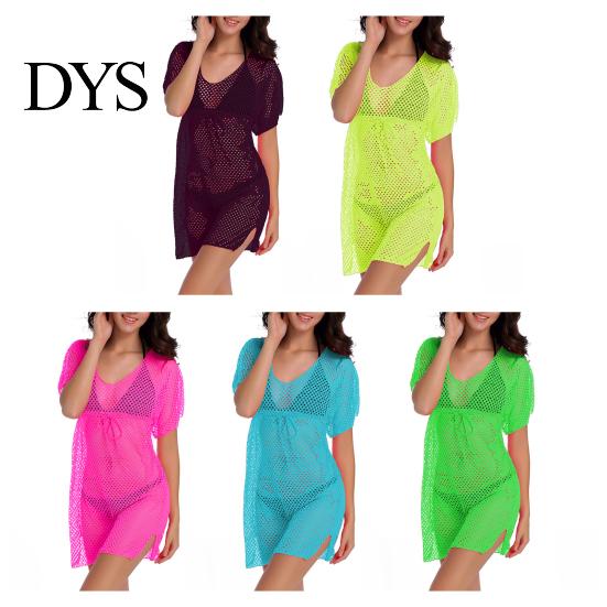 Sheer Swimsuit Cover Up, Drawstring Breathable Mesh Fabric, Short Sleeve Beachwear with Adjustable Waist Side Slit Design, Beach Dress for Summer