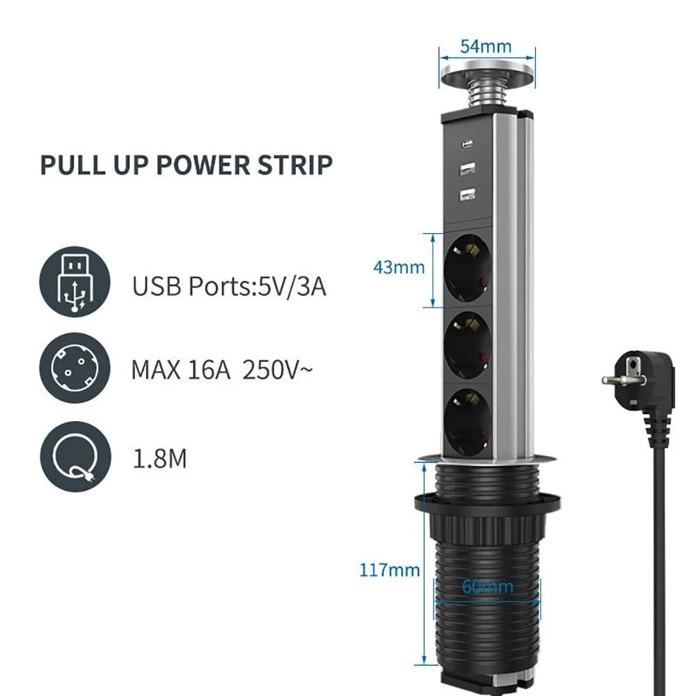 Melery Type-C Pop Up Sockets Germany Power Strip Desktop Hidden EU Plug 3 Outlets Switch Phones Kitchen Office Extension Cord