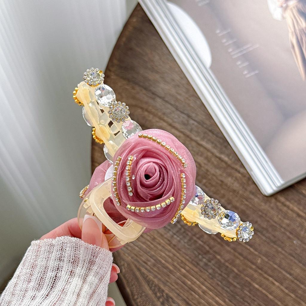 High-end Crystal Adorned Hair Claw Featuring Timeless Camellia Flower Design Pink12.8cm