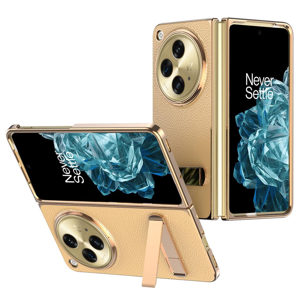 For OnePlus Open Case Litchi Texture Leather+PC Phone Kickstand Cover with Tempered Glass Film