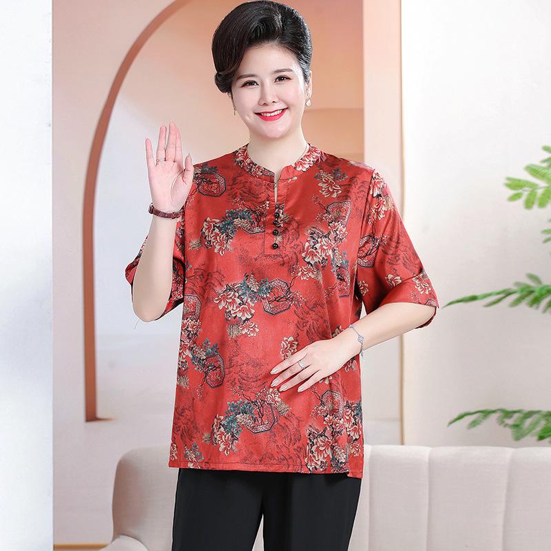 7XL Plus Size Summer Xiangyunsha Set for Middle-Aged & Elderly: Loose Mid-Sleeve T-Shirt Two-Piece for Tummy-Hiding Comfort.