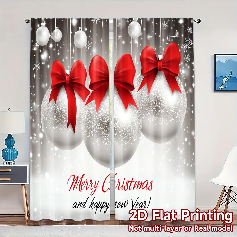 

2pcs,Curtains Christmas Baubles Red Bows Popular Fashionable Curtains Durable 100% Polyester Fabric Curtains Decorations 52.50×116.00 CM 2pcs