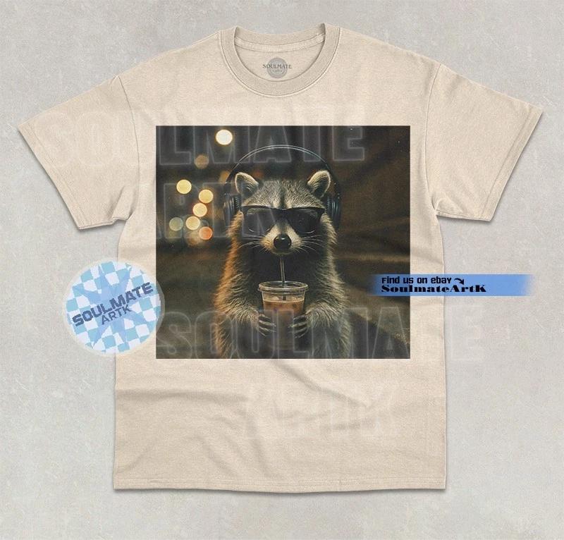 Raccoon Drinking Iced Coffee T-Shirt Funny Meme Animal Lover Graphic Shirt 4XL