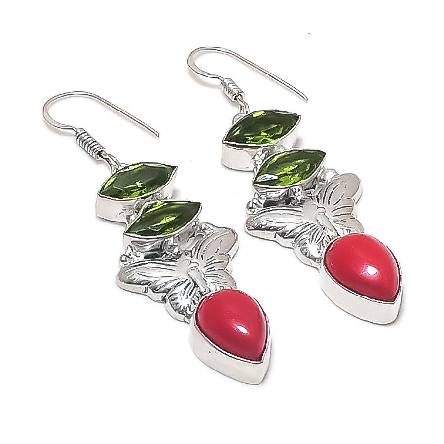 Red Coral, Peridot Gemstone 925 Sterling Silver Earring 2.36"