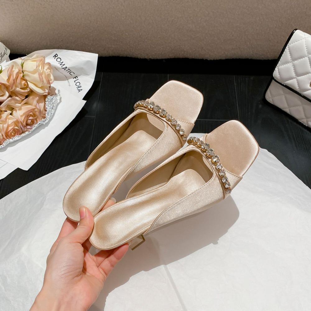 Women's Summer Open Toe High Heel Sandals with Rhinestones Outside Wearing Elegant Heels Square Head Sandals Slippers