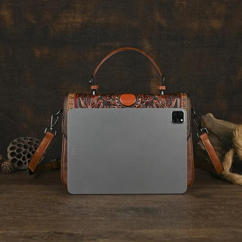 Johnature Borsa da donna in pelle goffrata fatta a mano, borsa vintage, borse a tracolla e a spalla versatili