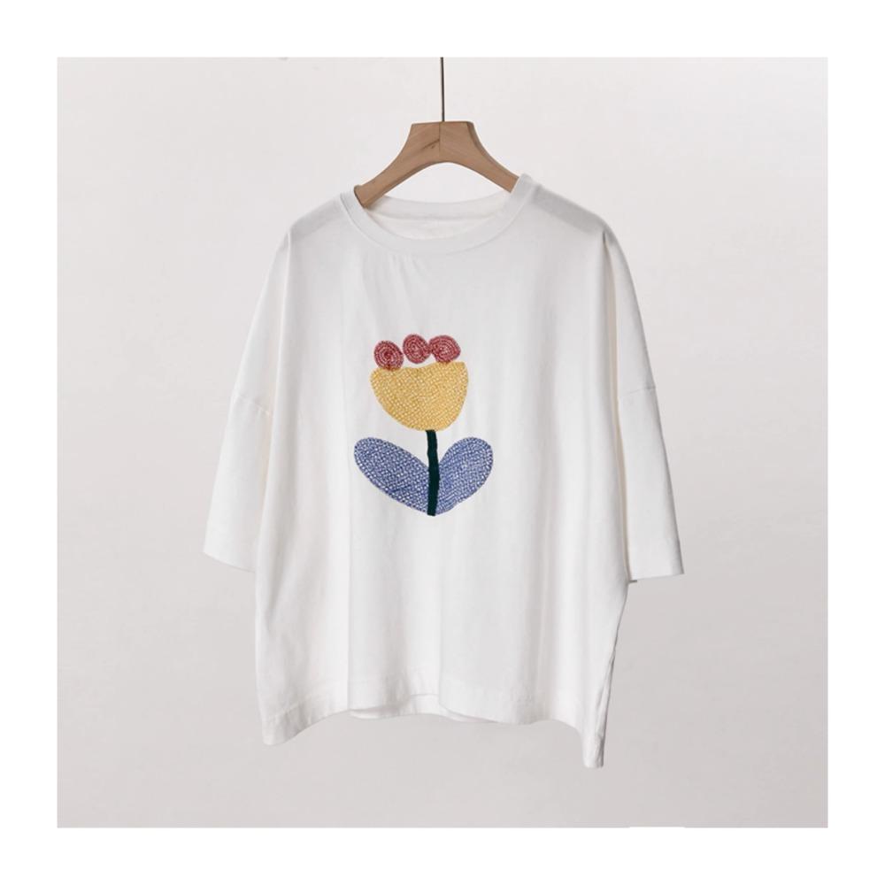 DIMANAF 2025 Summer Cotton T-shirt Women Printing Embroidery Asymmetrical Short Sleeve Loose