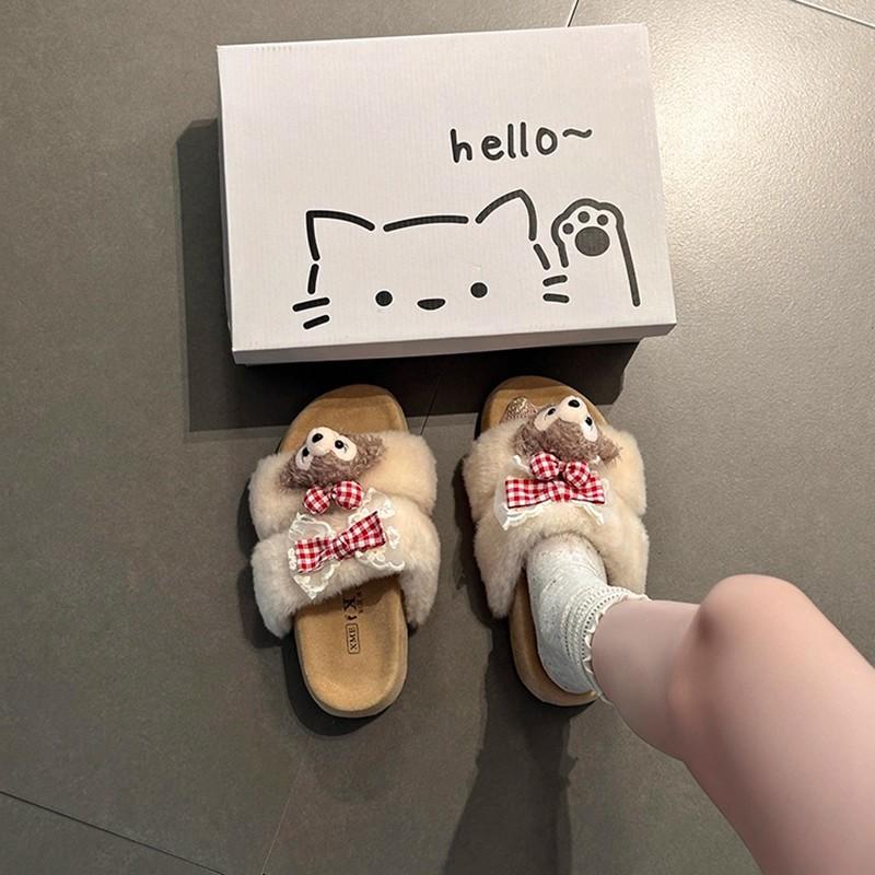 Knock Well and Wear Cute Shirley Rose Fluffy Slippers for Women's 2025 Autumn and Winter Home Wear Warm and Versatile One-word Cotton Slippers