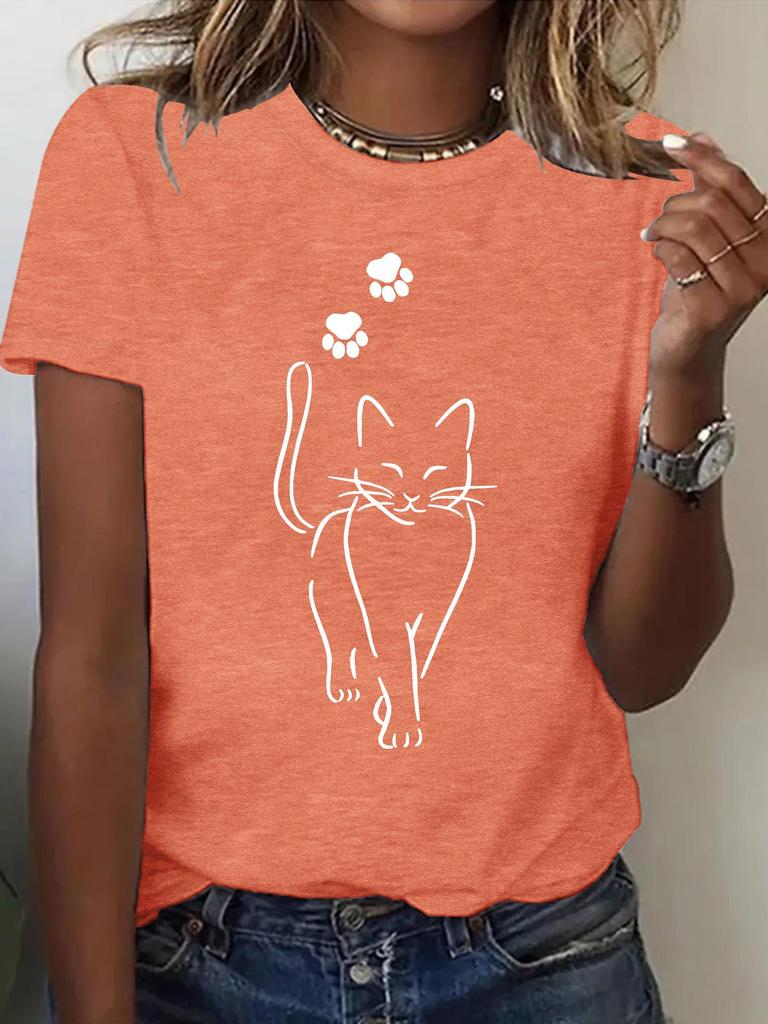 Women's Cat Pattern Round Neck Short Sleeve T-shirt - Summer High-End Feel