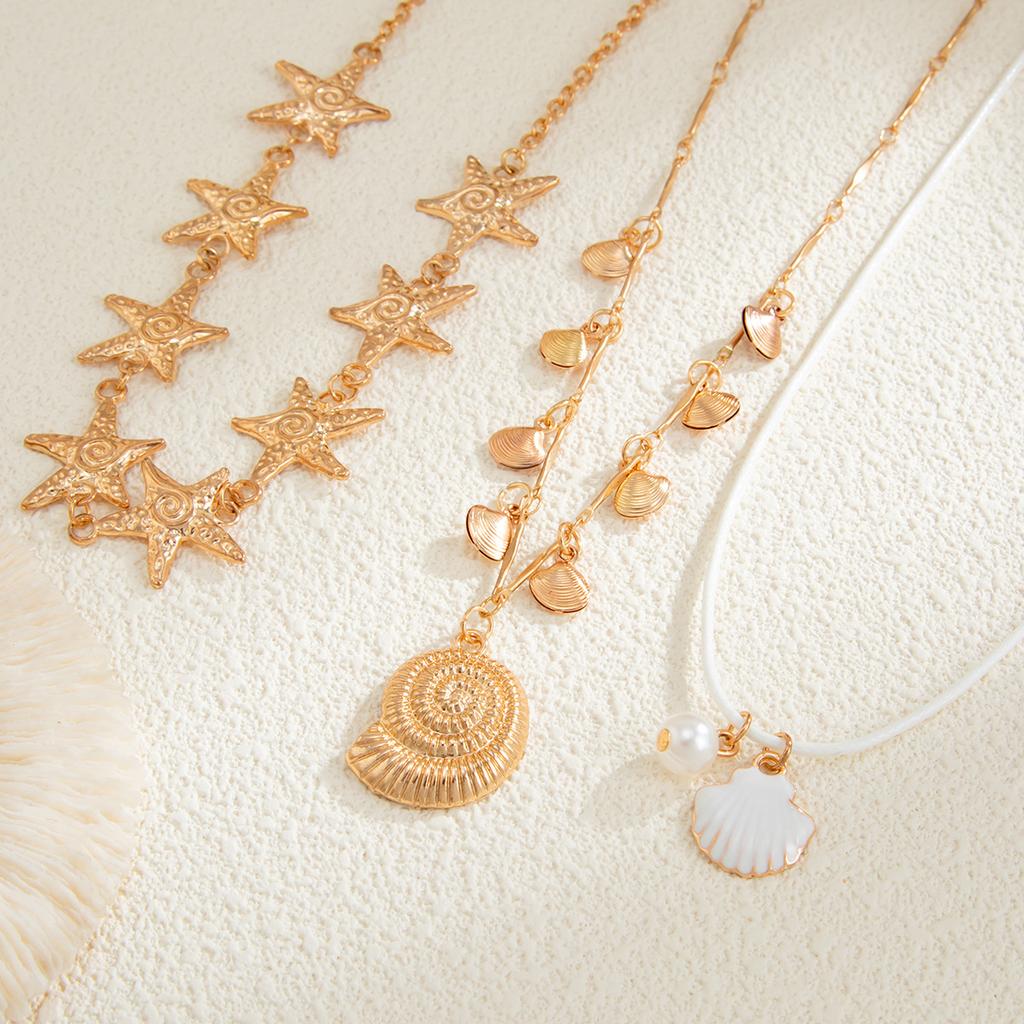 Ocean Wind Dripping Oil Starfish Conch Pendant Necklace, Temperament Baroque Imitation Pearl Collarbone Necklace