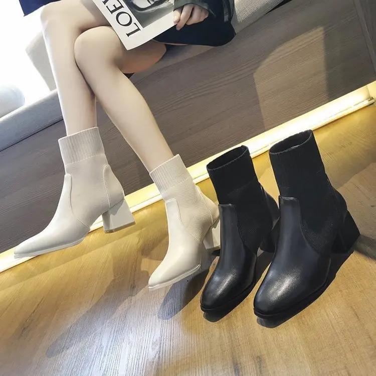 High Heels Autumn Winter Stretch Knitting Retro Ankle Boots Female Sock Boots Mujer Botas Altas Plataforma Mujer