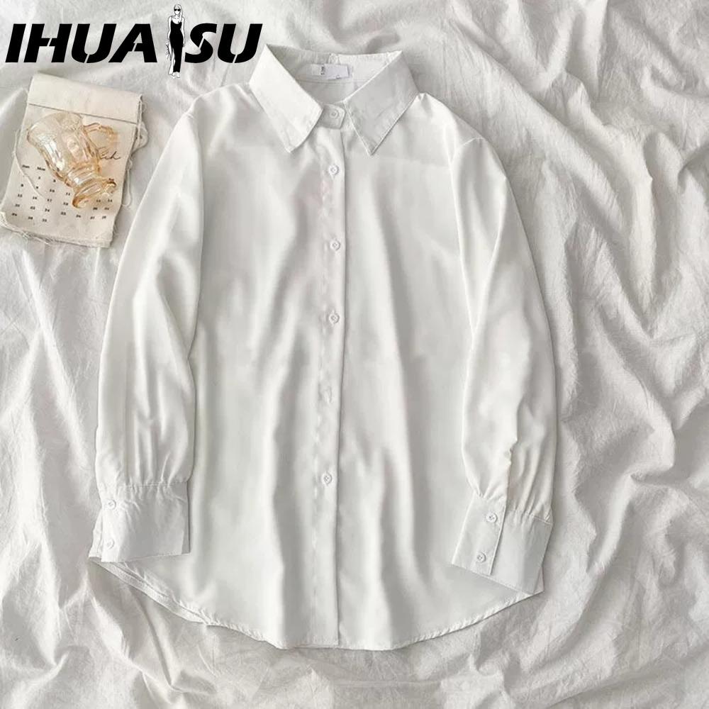 

IHUASU Женская Мода Повседневные Однотонные Блузки и Рубашки с Принтом и Длинным Рукавом и Воротником ПОЛО M белый