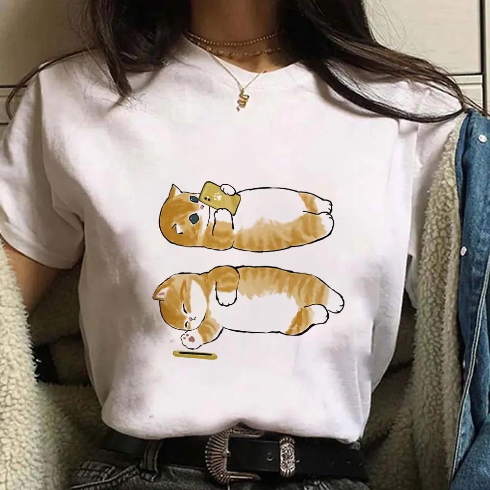 Cute Cat Print Short Sleeves Women's Tshirt Fashion Streetwear Y2k Clothing Sportwear Harajuku Pullover Tops Tees Summer Spring
