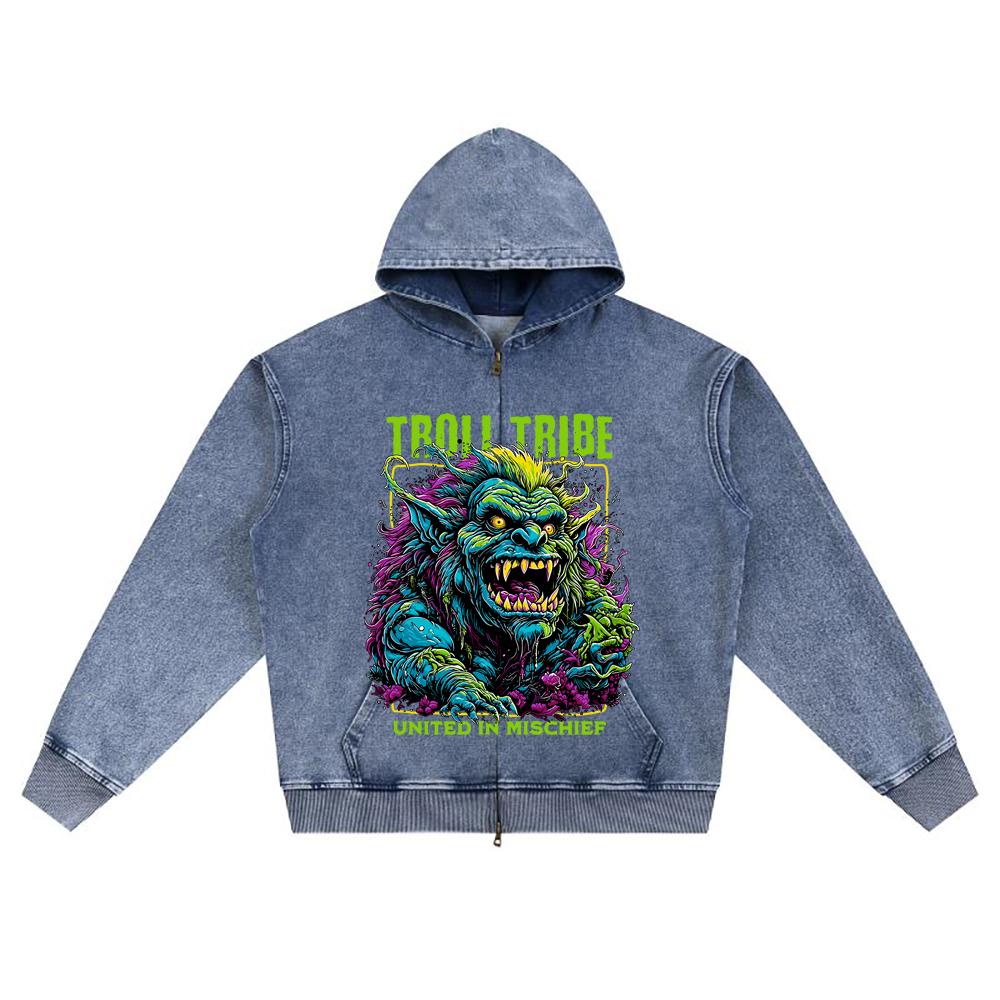 DTG print Knitted Denim Zip-Up Hoodie Troll Tribe Brother Print Zipper Hoodies  