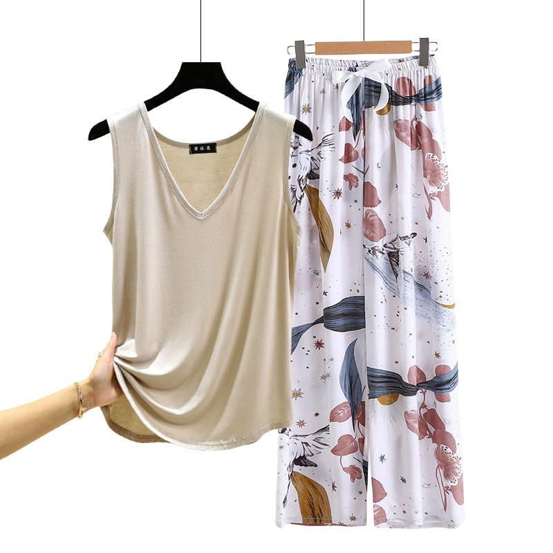 Lockere Modal-Pyjama-Sets Sommer V-Ausschnitt Tanktop und Florale Weite Hosen Lässiger Hausanzug ärmellos Loungewear Übergröße