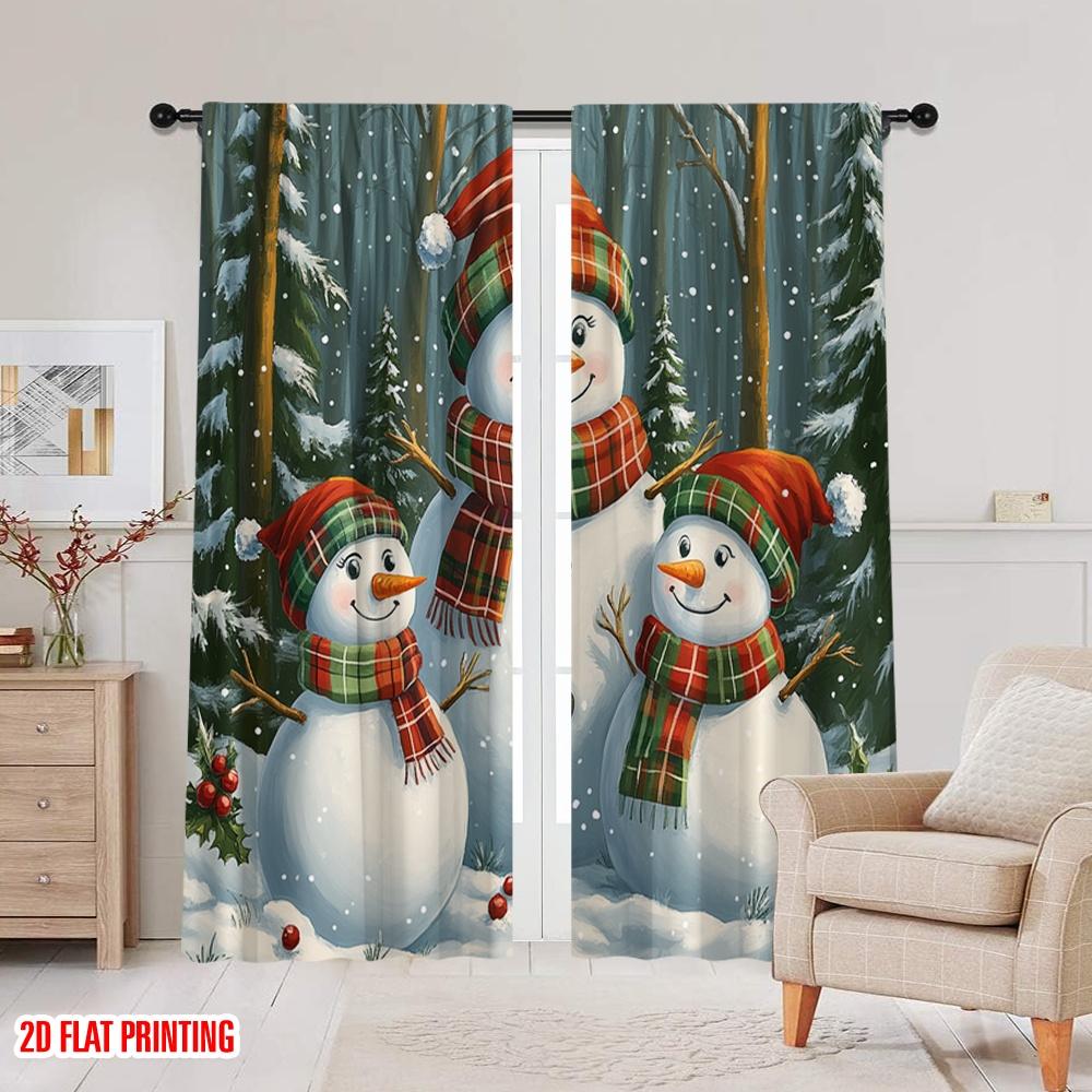 2 Stück, 2D-Flachdruckmuster Vorhänge Charmante Schneemänner Winterwald (4) Vielseitig 100% Polyester (ohne Stange) Vielseitig Alles