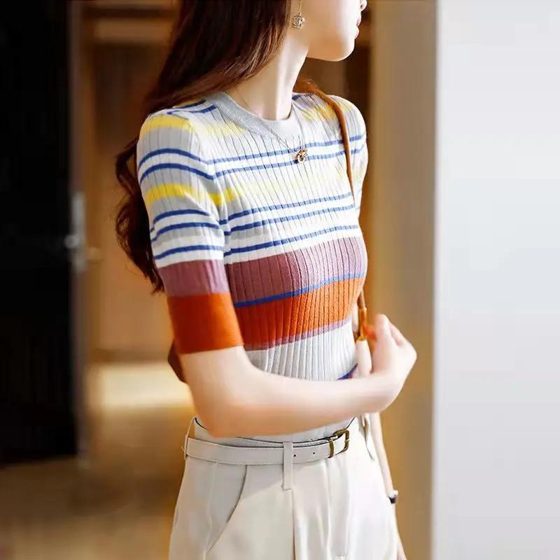 Summer Women's Color Block Striped Knit Top Crew Neck Short Sleeve Slim T-Shirt