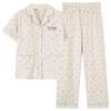 Pajamas with chest pads women's summer thin cotton short-sleeved trousers large size casual relaxation cardigan loungewear set