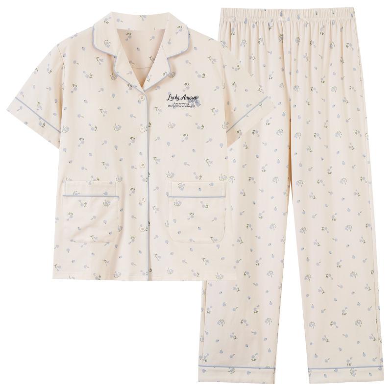 Pajamas with chest pads women's summer thin cotton short-sleeved trousers large size casual relaxation cardigan loungewear set