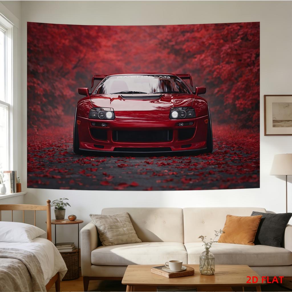 Red Mazda RX7 FD3S JDM Tapestry Modified Sports Car in Red Leaves Forest Wall Hanging Car Lover Room Decor 1pcs