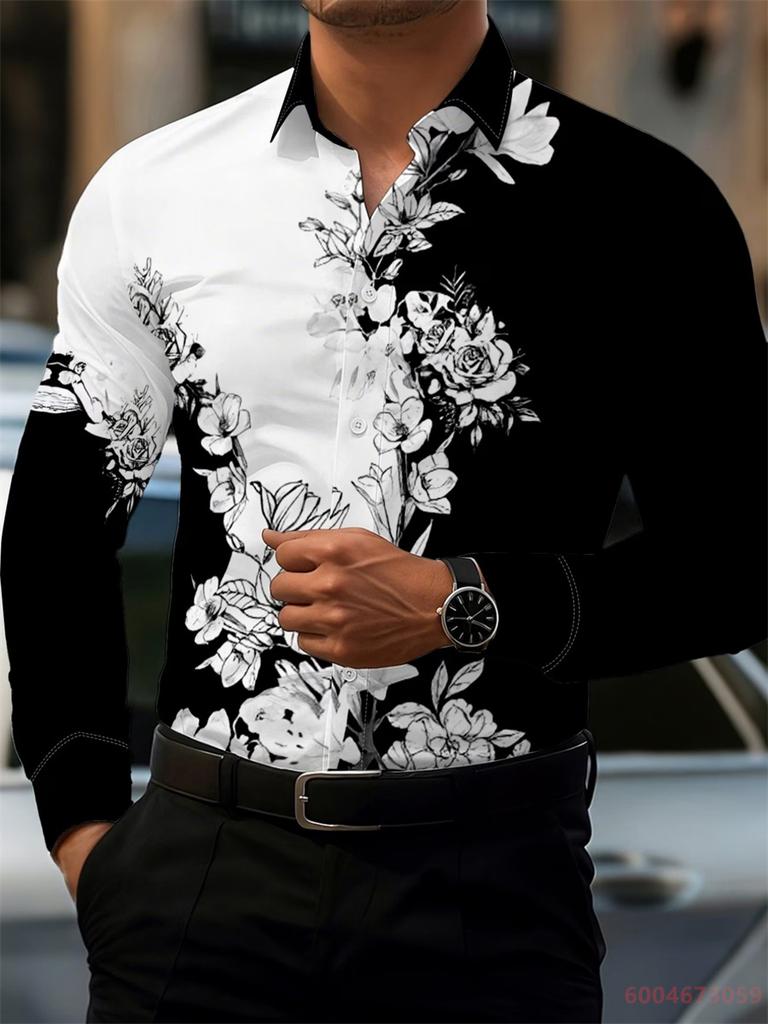 2026 Men's Fashion Red Rose Print Long-Sleeve Shirt, Stylish Casual Design, Spring/Autumn Casual Shirt