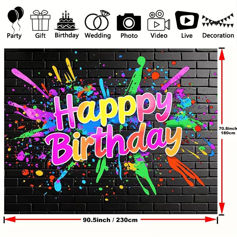 

2D Colorful Paint Splatter Happy Birthday Backdrop Banner, Black Brick Wall Style 47.2x31.5inch/120*80cm