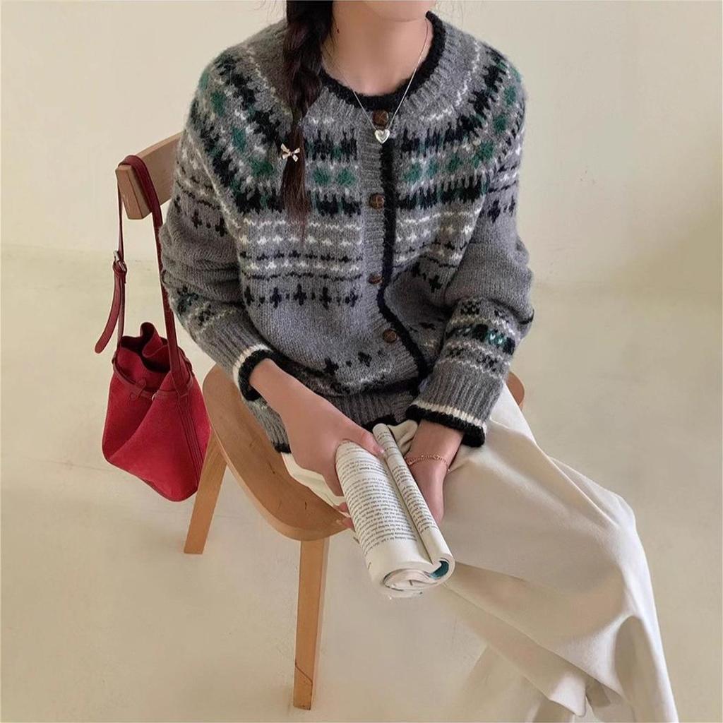 Dámský retro svetr kabát Fair Isle - Podzim/Zima Měkký žakárový úplet Volný kardigan